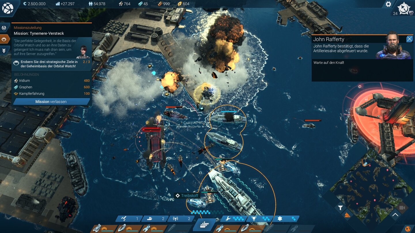 Anno 2205Kriegsentscheidend ist vor allem der gut getimte Einsatz von Spezialfähigkeiten. Hier versenken wir einen dicken Brocken mit Atomraketen. Nicht anspruchsvoll, aber schön anzusehen.