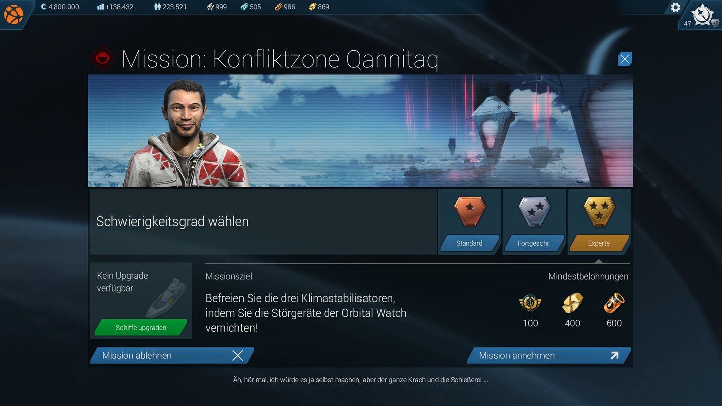 Anno 2205Kämpfe finden in separaten Regionen und abseits unserer Siedlungen statt. Vor Missionsbeginn wählen wir den Schwierigkeitsgrad und damit auch die möglichen Belohnung bei Erfolg.