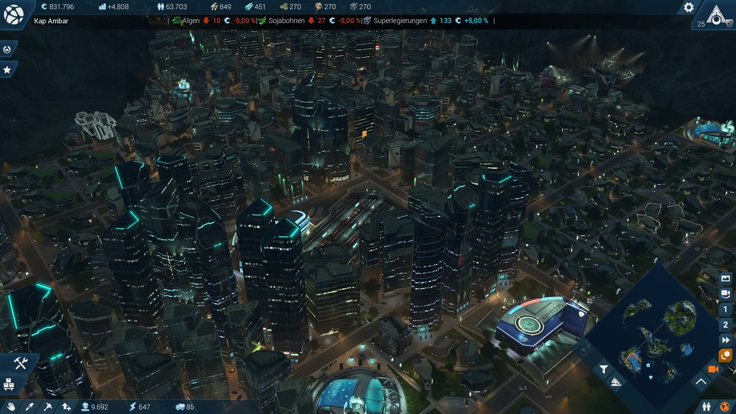 Anno 2205Selbst bei Nacht stimmt die anno-typische Wohlfühlatmosphäre. Die optionalen Tageszeiten sorgen für Stimmung, wirken sich aber nicht spielerisch aus.