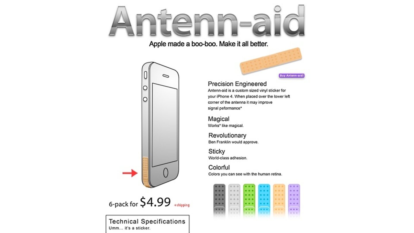 Erinnern sie sich noch an »Antennagate«, die Empfangsprobleme des iPhone 4 und dem legendären Spruch von Steve Jobs »You're holding it wrong«? Antenna-aid macht sich darüber lustig.