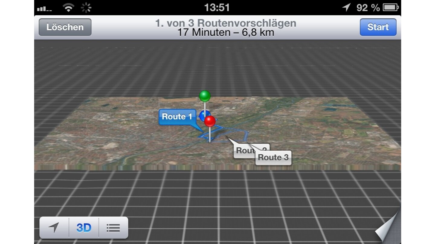 Die 3D-Sicht zeigt: München ist ein eher flaches Pflaster. Im Test dauerte es selbst bei WLAN-Zugriff teilweise recht lang bis alle Daten geladen waren.