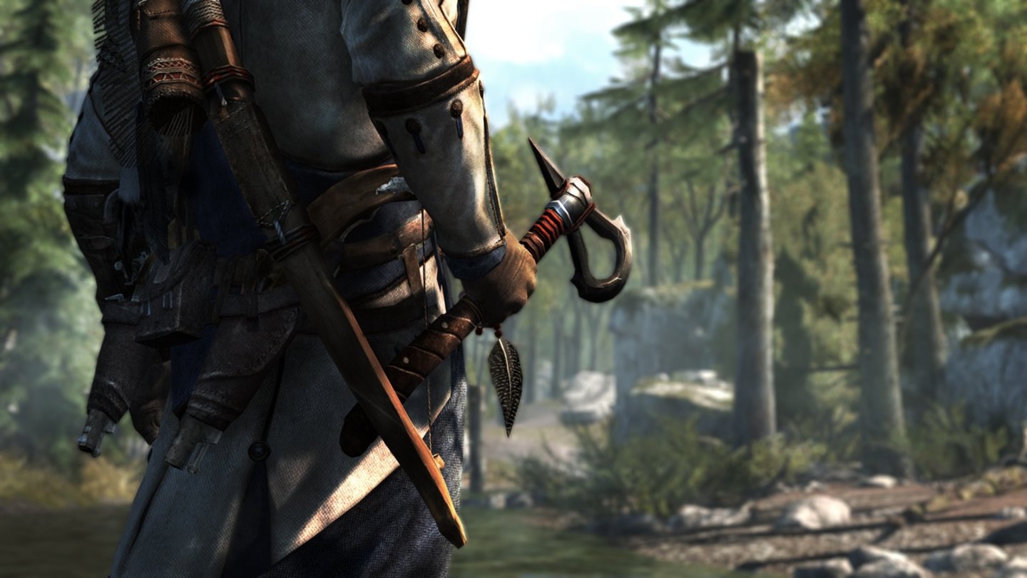 Assassin's Creed 3Im Nahkampf greift Connor zum Tomahawk, zwei Pistolen sowie Pfeil und Bogen sind die Distanzwaffen. Und unter dem Ärmel trägt er - natürlich - die versteckte Klinge.