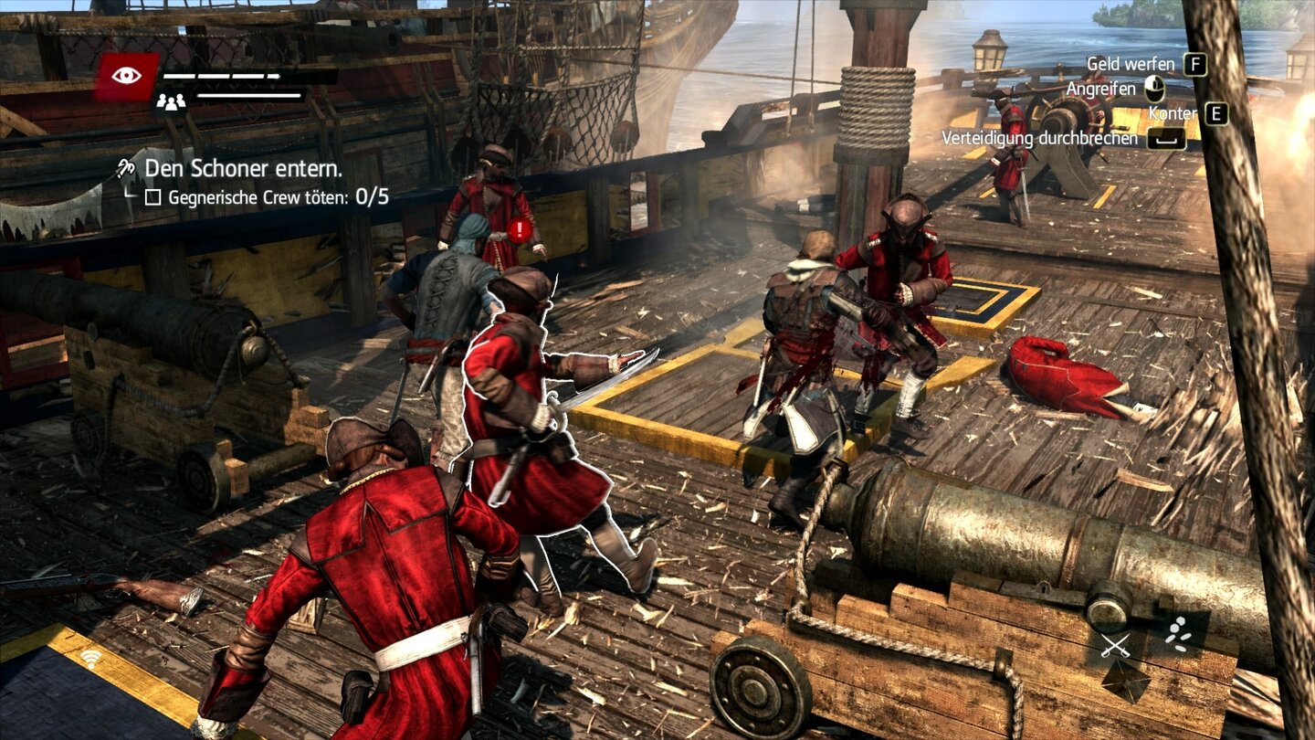 Assassin's Creed 4: Black FlagHaben wir ein Schiff manövrierunfähig gemacht, können wir es kurzerhand entern und müssen die Besatzung ausschalten.