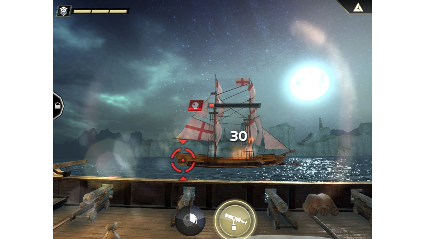 Assassin's Creed PiratesSchlacht im Mondschein: Mit den Drehbassen lassen sich besonders empfindliche Punkte des feindlichen Schiffes anvisieren, die nach einer Breitseite automatisch markiert werden. (iPad)