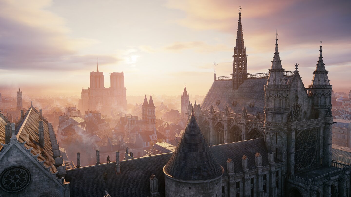 Assassin's Creed: UnityIm Hintergrund: Notre Dame de Paris. Alle berühmten Bauwerke sollen im Maßstab 1:1 nachgebaut worden sein.