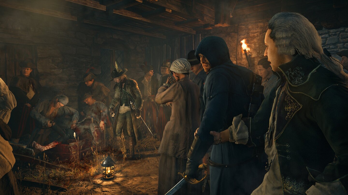 Assassin's Creed UnityRaue Sitten: Im allgemeinen Chaos hat niemand Zeit, ins Krankenhaus zu gehen. Deswegen werden Amputationen auch gern mal im Hinterhof durchgeführt.