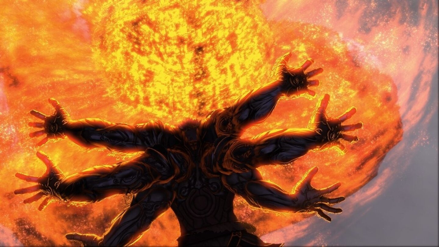 Asura's Wrath Bildgewaltig: Asura stellt sich einem gigantischen, glühenden Zeigefinger in den Weg.