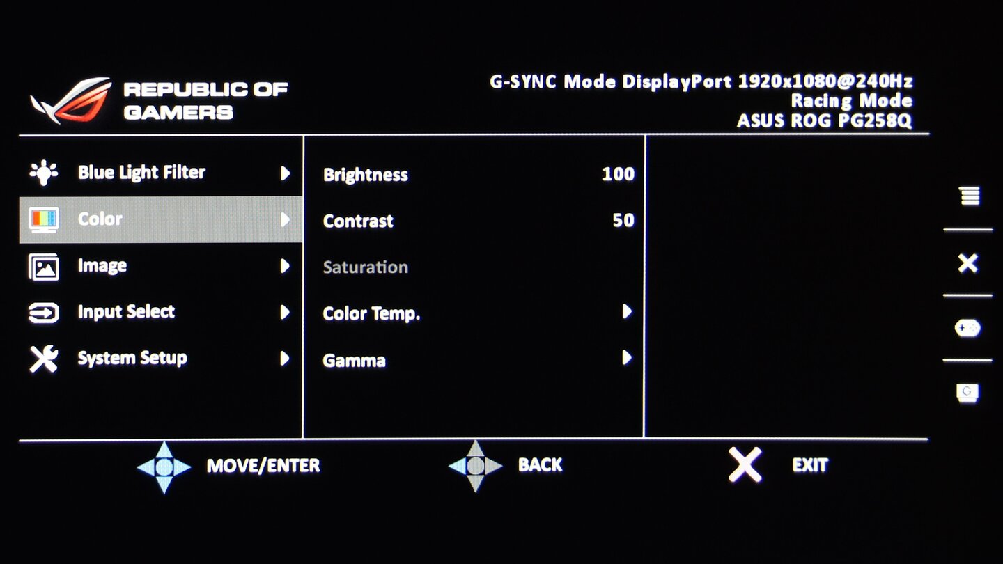 Die Farbeinstellungen des Spieler-TFTs haben die üblichen Optionen zu Helligkeit, Kontrast und Gamma-Wert zu bieten. Bei maximaler Helligkeitseinstellung erreicht der PG258Q sehr gute 545 cd/m².