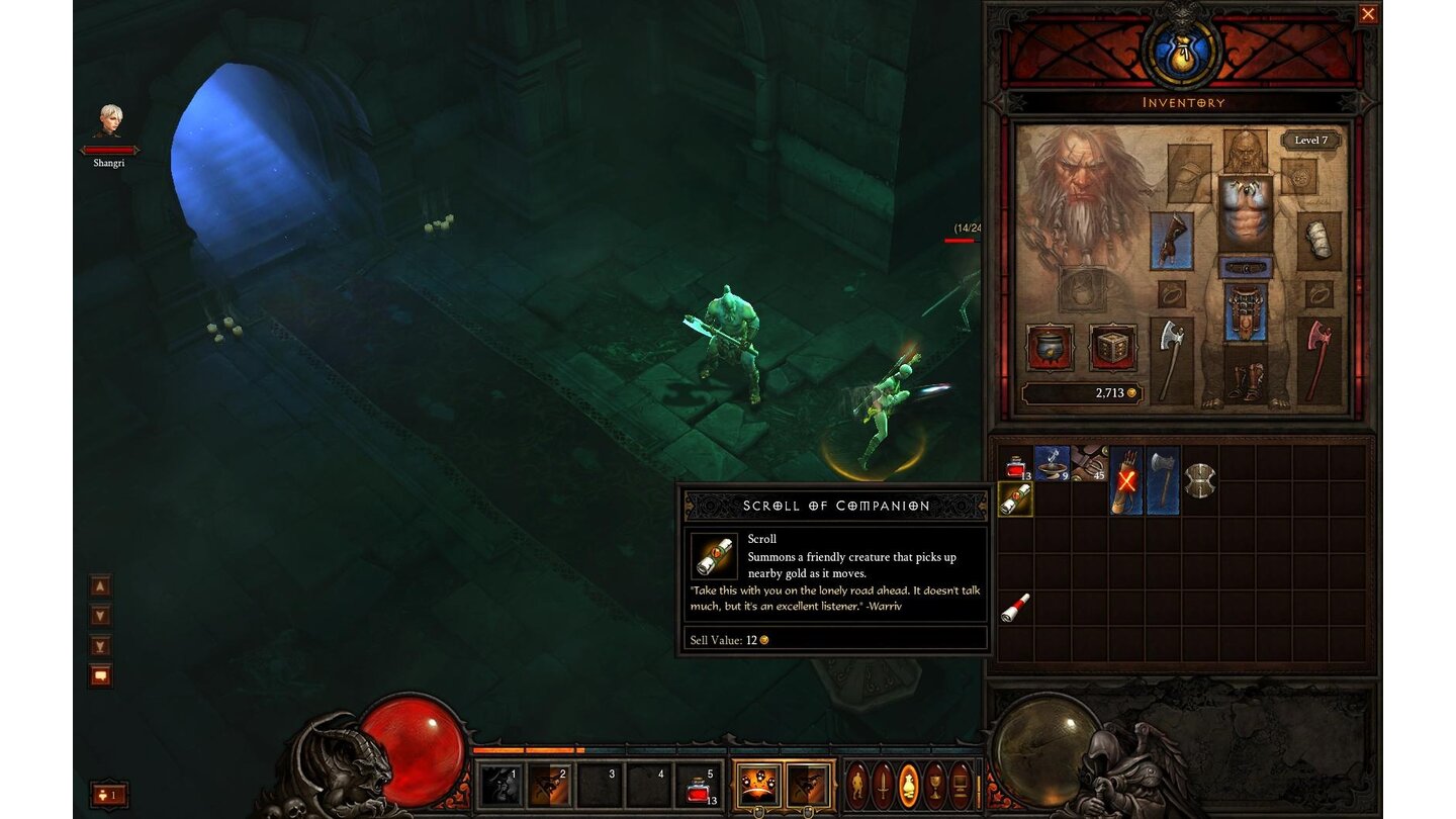 Diablo 3 Beta-PlaythroughDie »Scroll of Companion« beschwört einen Begleiter, der von alleine umherliegendes Gold für uns einsammelt. An Kämpfen nimmt dieser Begleiter nicht teil.