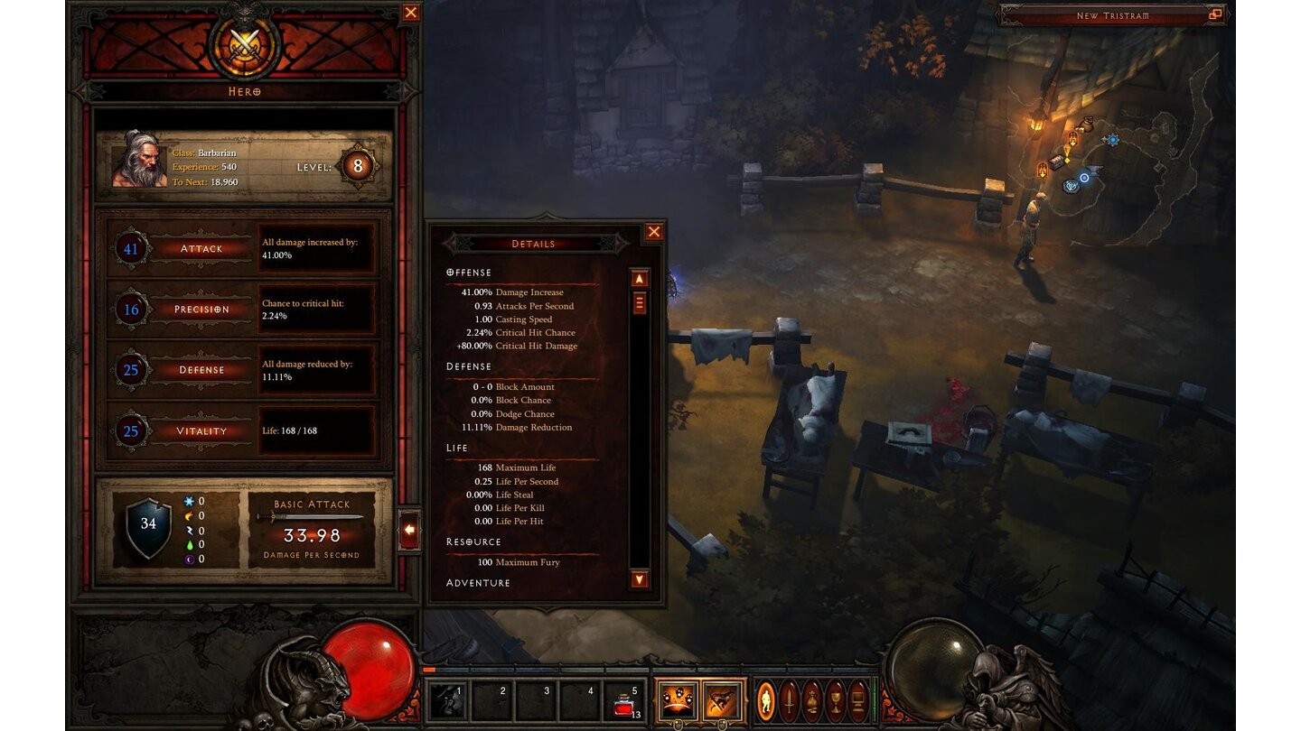 Diablo 3 Beta-PlaythroughEin kurzer Blick in den Charakter-Bildschirm, in dem unsere Werte aufgeführt werden.