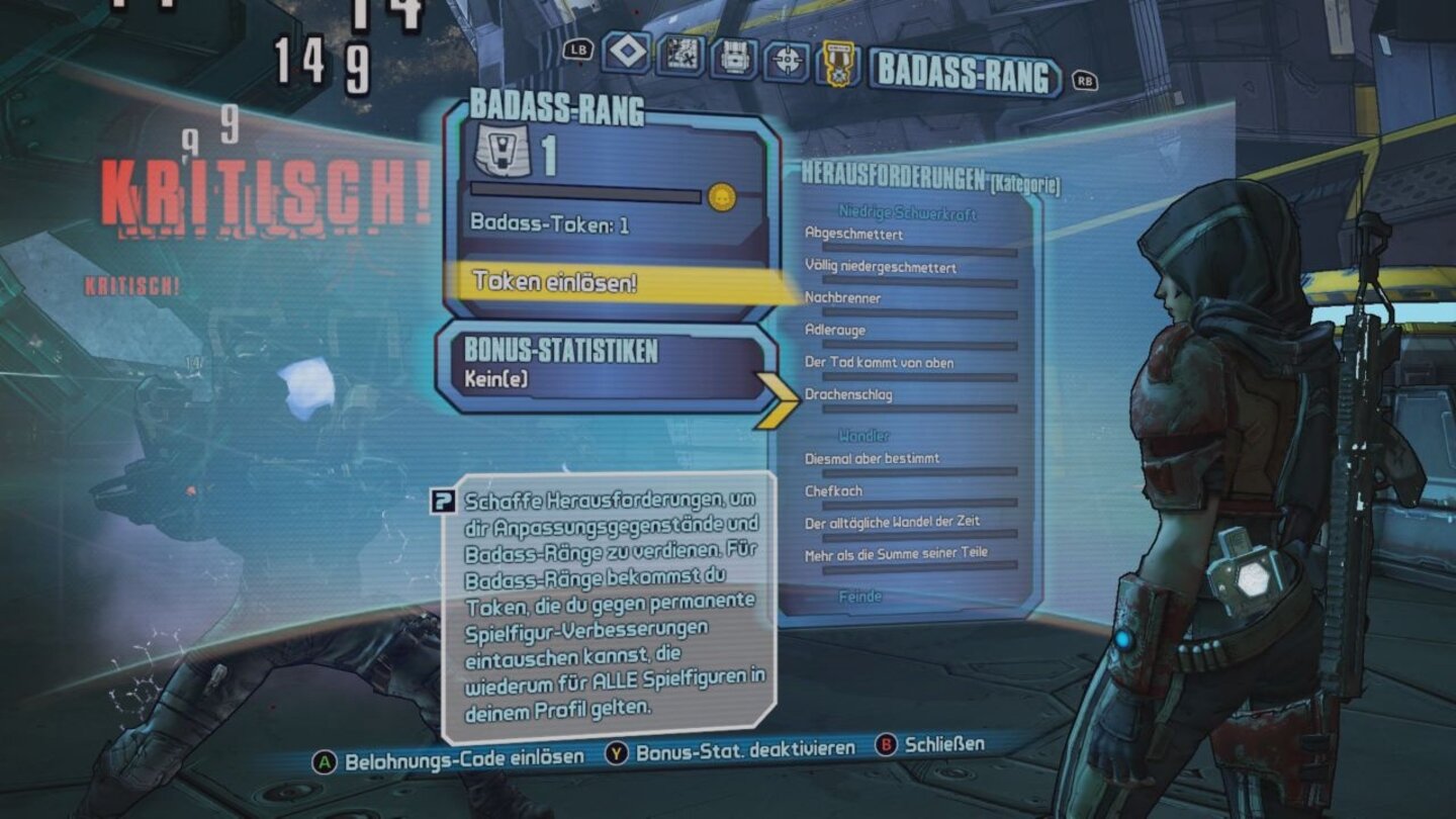 Borderlands: The Handsome CollectionDurch verschiedene Herausforderungen sammeln wir Token, die wir gegen besondere Boni eintauschen können. Der Badass-Rang kann zusammen mit dem Speicherstand übertragen werden.