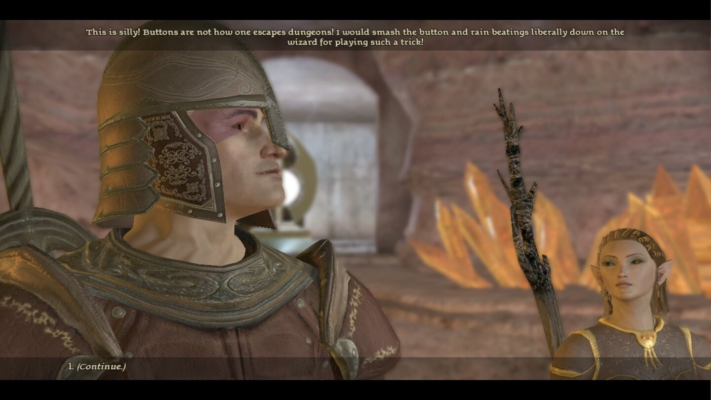 Dragon Age: Origins - Baldur's Gate 2 ReduxDie Dialoge sind nur zum Teil vertont. Hier teilt uns der Krieger Minsk seine recht pragmatische Lösung eines Gedankenexperiments mit.