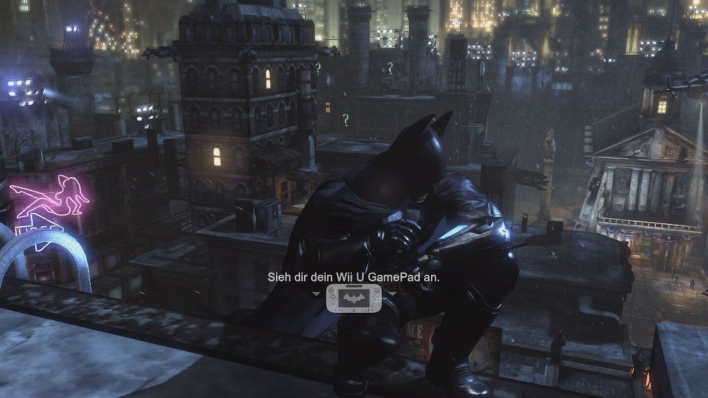 Batman: Arkham City - Armoured EditionImmer wenn ihr das Wii-U-GamePad benutzen müsst, zeigt euch der Bildschirm die entsprechende Meldung an.