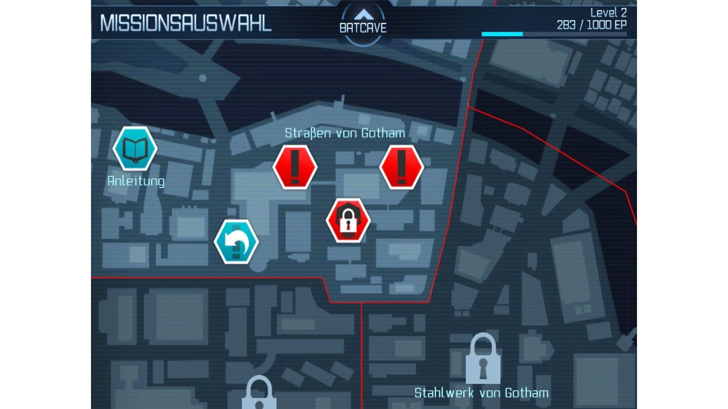 Batman: Arkham City LockdownAuf einer Karte von Gotham City suchen wir den nächsten Schauplatz aus, erledigte Locations darf man – bis auf die Bosskämpfe – beliebig oft besuchen.