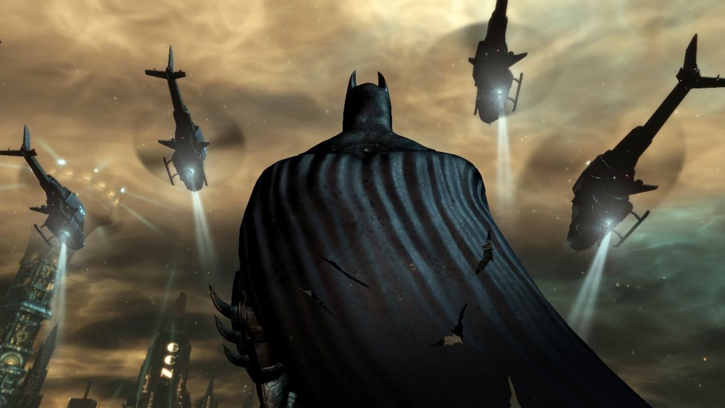 Batman: Arkham CityUm schneller durch die Straßen von Arkham zu kommen, kann sich Batman mit seinem Enterhaken an Hubschraubern festhaken.