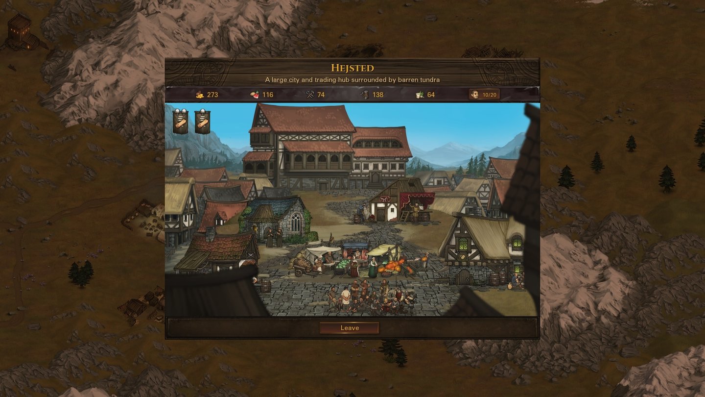 Battle BrothersDie Stadtbildschirme bieten je nach Größe der Stadt einen Markt, Rekruten, Taverne, Waffen- oder Rüstungsschmiede.