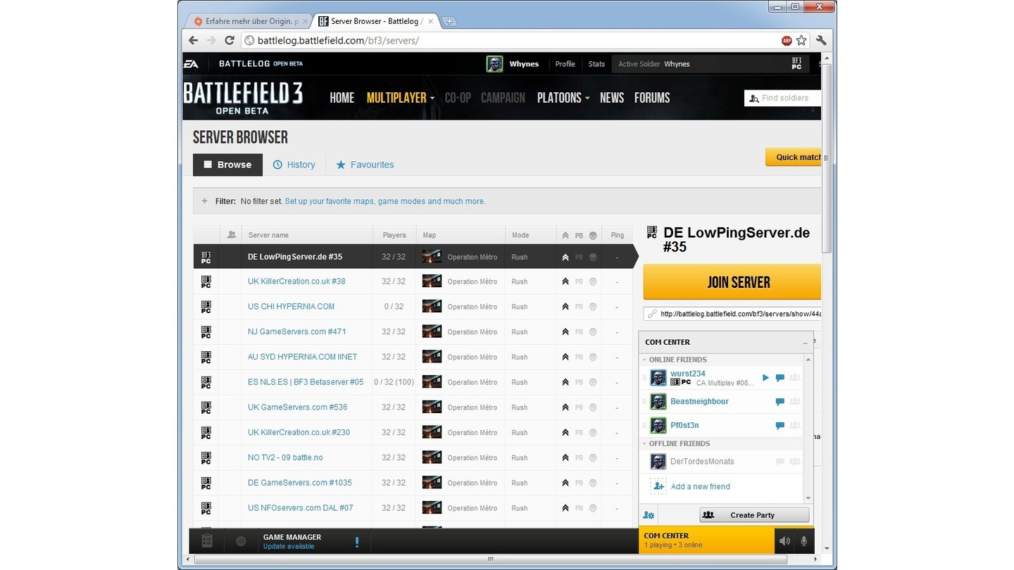 Schritt 25: Im Com-Center rechts unten finden Sie alle Ihre Origin-Freunde und können in deren Partien einsteigen – wenn es denn freie Stellen gibt.