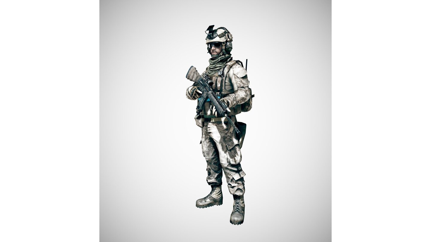 Battlefield 3Der Assault besitzt als einzige Klasse einen Defibrillator, mit dem er gefallene Soldaten zurück aufs Schlachtfeld holen kann. Seine Standard-Waffe ist die M-16a2.