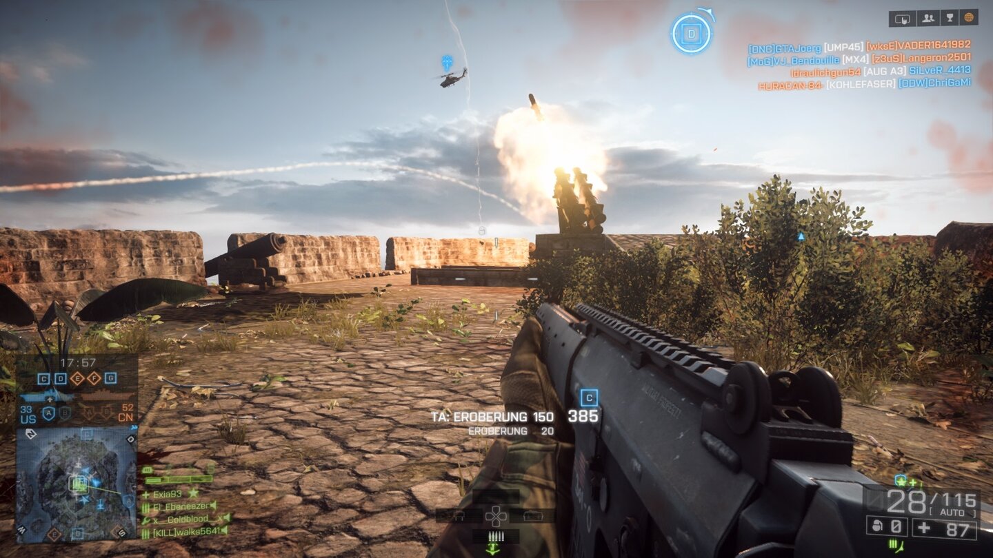 Battlefield 4 - Naval StrikeDie verbündeten Geschütze ballern unermüdlich auf den Flugzeugträger der Gegner. Das sorgt dafür, dass die Runden selten länger als 20 Minuten dauern. Eine gute Spieldauer, wie wir finden.