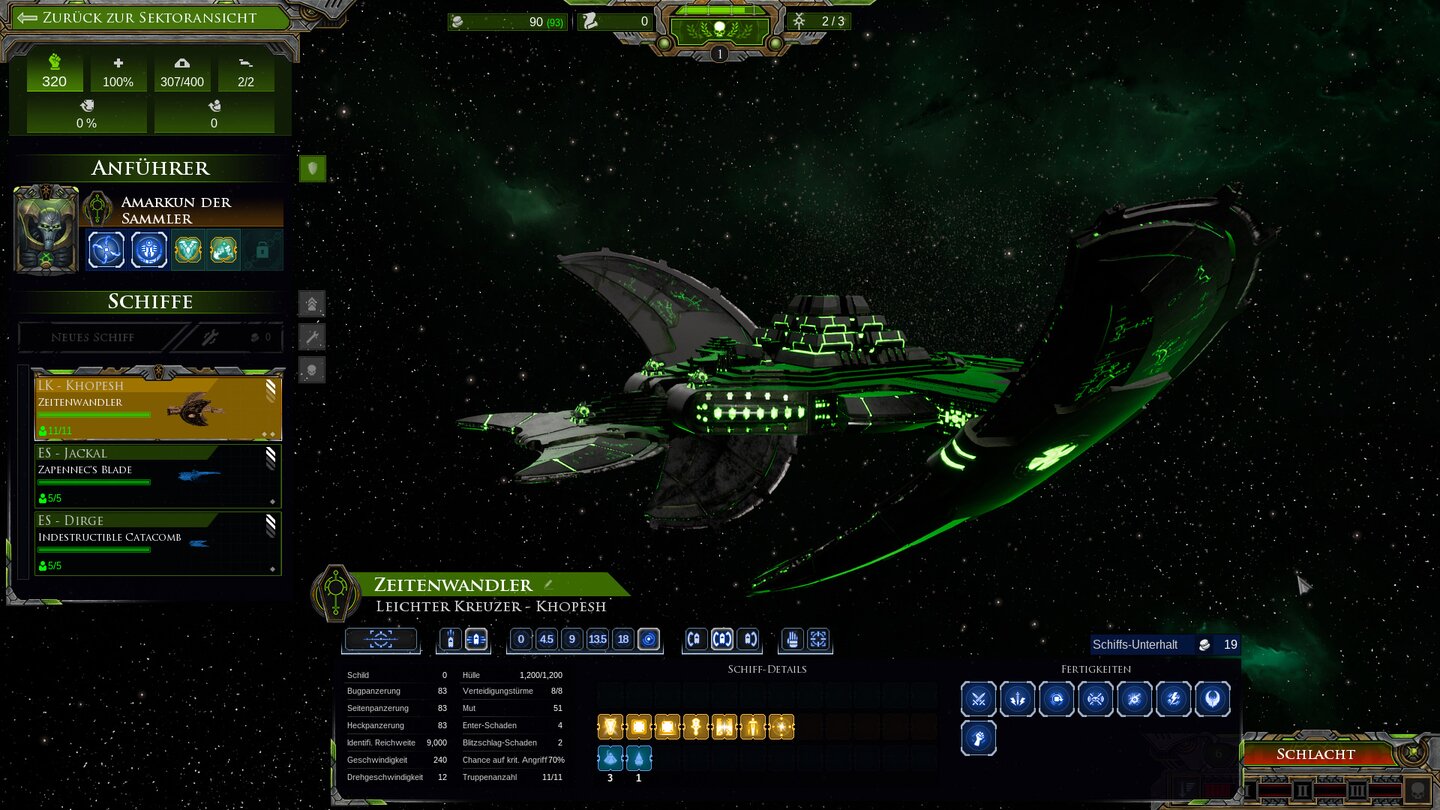 Battlefleet Gothic: Armada 2 - In der Schiffsübersicht seht ihr Fähigkeiten, Grundeigenschaften und Bewaffnung.