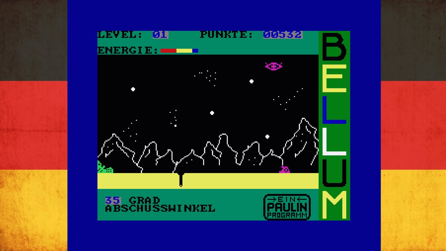 BellumWie im Apple-II-Klassiker Artillery bombardiert man in Detlef Paulins Bellum mit einer ballistischen Kanone Feindstellungen, indem man den richtigen Schusswinkel einstellt. Außerdem kann man gegnerische Geschosse abfangen und ein Raumschiff abschießen.