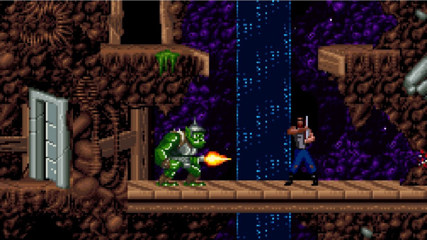 Blackthorne (1994)Der Sidescroller Blackthorne, der 1994 für DOS, den Gameboy Advance und das SNES auf den Markt kommt, wirft uns als Rambo-Klon Kyle auf den Planeten Tuul, wo wir einen Tyrannen und dessen Orkarmee dezimieren. Um unsere Lebenspunkte zu schonen, können wir uns hinter großen Steinen verstecken – die Orks allerdings auch!