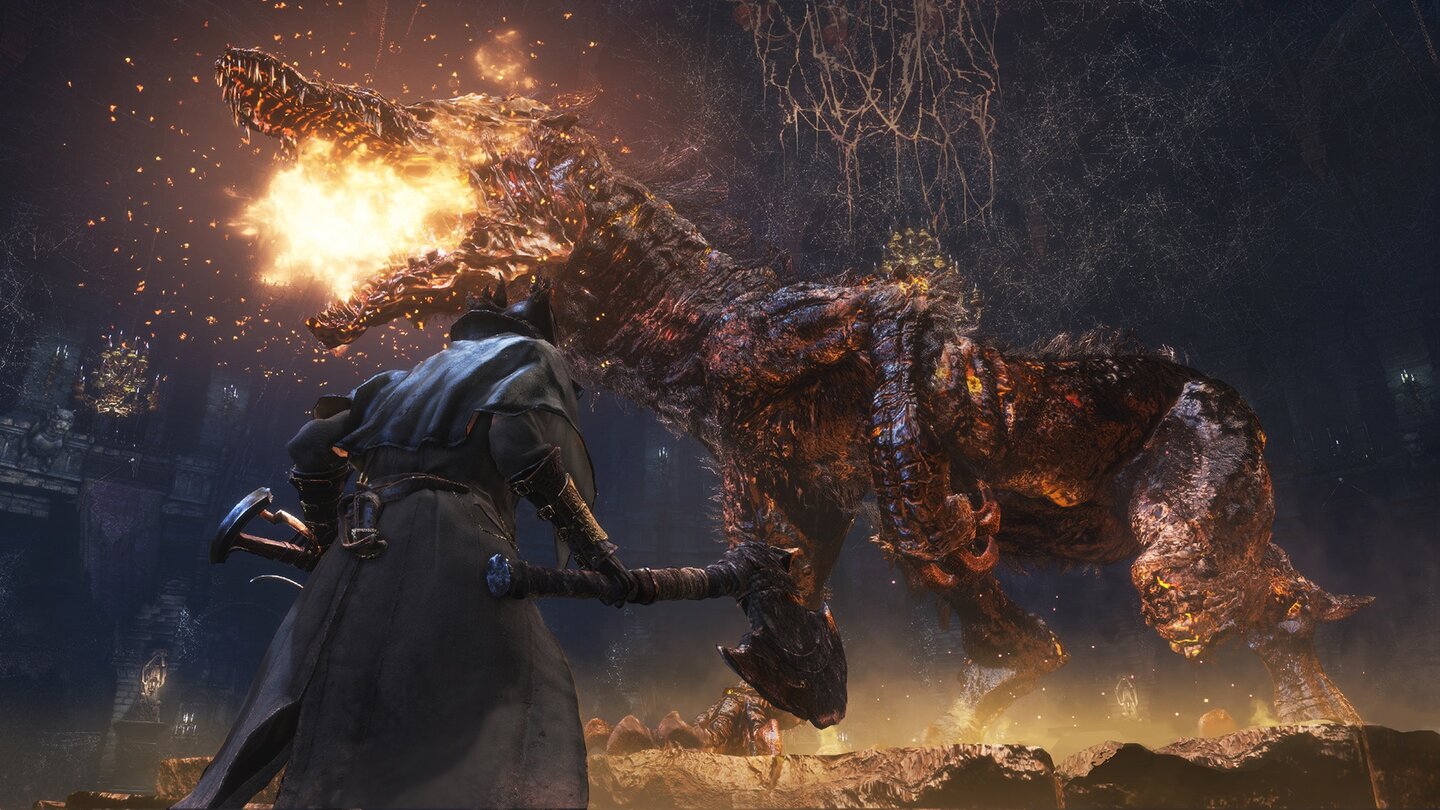 Bloodborne
Im uns gezeigten Chalice-Dungeon wartet am Ende dieser feuerspuckende Boss. Welche Kreatur auf euch warten wird, bestimmt der Zufall.