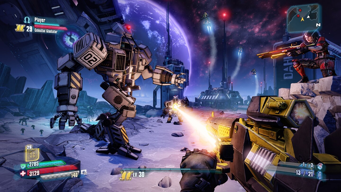 Borderlands: The Pre-Sequel!Rechts sehen wir, wie Athenas Kopf von einem Kraftfeld voller Sauerstoff umhüllt ist. Die neue Energieleiste unten links zeigt an, wie viel Luft uns bleibt.