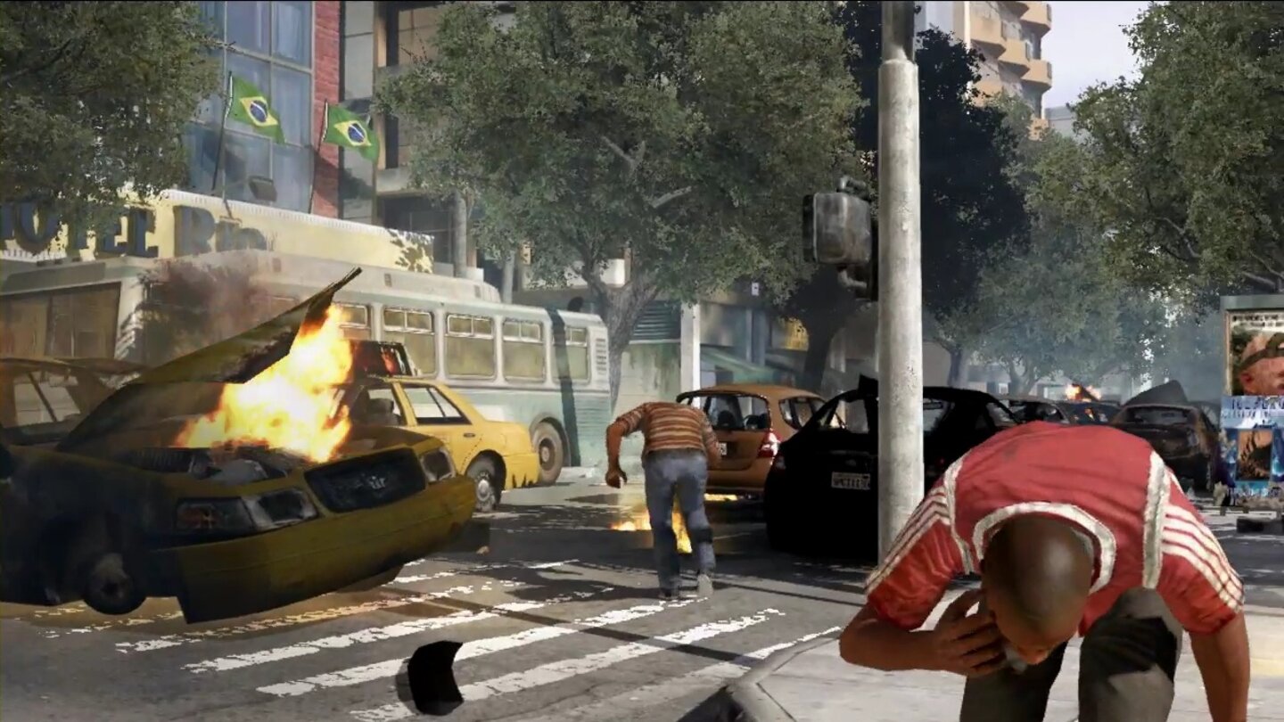 Modern Warfare 2Hauptdarsteller Sanderson und »Soap« MacTavish jagen den Waffenhändler Rojas durch die Straßen einer brasilianischen Großstadt. Mit einem Schuss ins Bein bringt er Rojas Komplizen zu Fall.