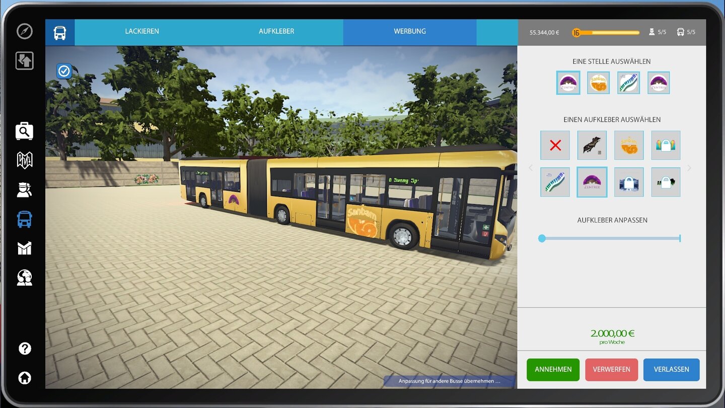 Bus Simulator 16Neben dem Namen ändern wir auch das Aussehen unserer Busse: Farbe, Muster und Werbung stehen uns zur Verfügung.