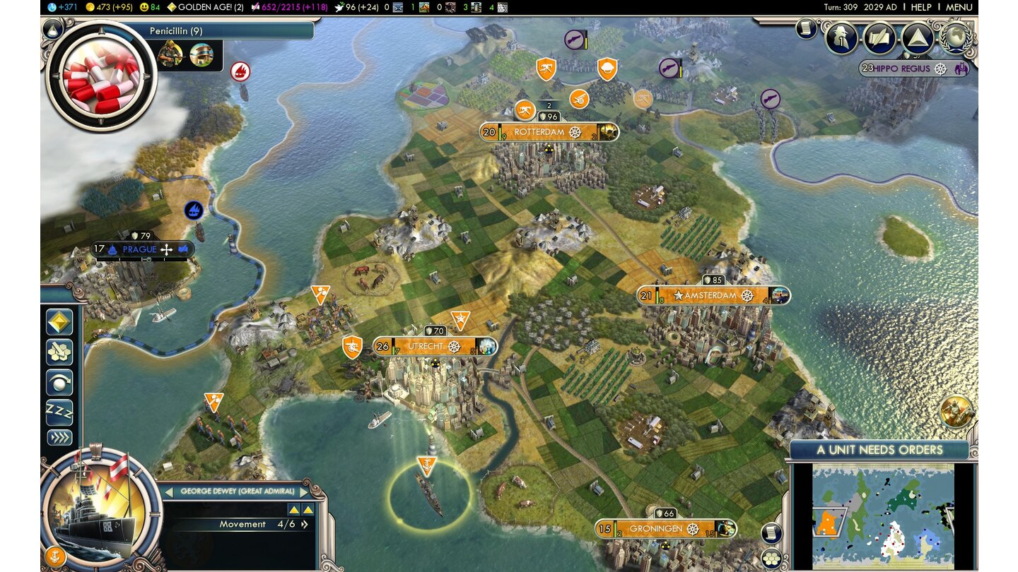 Civilization 5: Gods & Kings (2012) Gods & Kings hat zwei für Civilization 5 neue, für Serienveteranen aber altbekannte Spielelemente im Gepäck: Religion und Spionage. Wie es sich für ein gutes Addon gehört, rundet Firaxis die beiden großen Neuerungen mit frischen Einheiten, Nationen und Wundern ab. Immerhin neun Völker (Wovon wir uns natürlich die Maya ausgesucht haben, es ist schließlich 2012!), neun Weltwunder, 27 Einheiten und 13 Gebäude liefert Gods & Kings. Die neuen Einheiten sind aber vor allem in den früheren Epochen nützlich, der Großteil entfällt auf die Zeit vom Spielstart bis zum zweiten Weltkrieg. Das Endspiel erhält somit kaum neuen Inhalt, außer vielleicht dem Wunder »Hubble-Weltraumteleskop«.Dazu gesellen sich die drei neuen Szenarien. In »Mittelalter« führen wir ein mittelalterliches Reich in der europäischen Renaissance, schlagen Schlachten gegen Mongolen und Osmanen und erleben die Kreuzzüge mit. »Der Fall Roms« lässt sich auf Seiten Ost- oder Westroms sowie der Barbaren spielen – verteidigen wir die Weltstadt, oder reißen wir das Reich mit den Barbaren in den Ruin? »Reiche der rauchigen Lüfte« ist ein viktorianisches Science-Fiction-Szenario, in dem wir Zugriff auf einzigartige Technologien fernab der Realität haben.Eine weitreichende Änderung betrifft den Seekampf. Schiffe sind jetzt wie Landeinheiten in Nah- und Fernkämpfer aufgeteilt. Das ist zwar einerseits super, wenn es auf hoher See um Kämpfe zwischen Flotten geht, denn durch das neue System müssen wir uns wie an Land um die richtige Formation kümmern. Auf der anderen Seite ist es schon ein bisschen komisch, mit einem Schiff eine Küstenstadt einzunehmen. Das können Nahkämpfer-Schiffe nämlich auch.