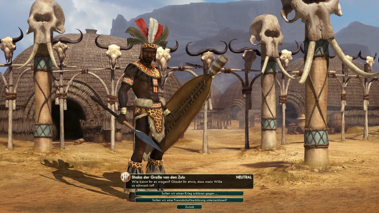 Civilization 5Wenn Zulu-Herrscher Shaka in die Nachbarschaft zieht, ist ein Krieg quasi vorprogrammiert. Vom friedlichen Rumbauen hält der nicht viel.