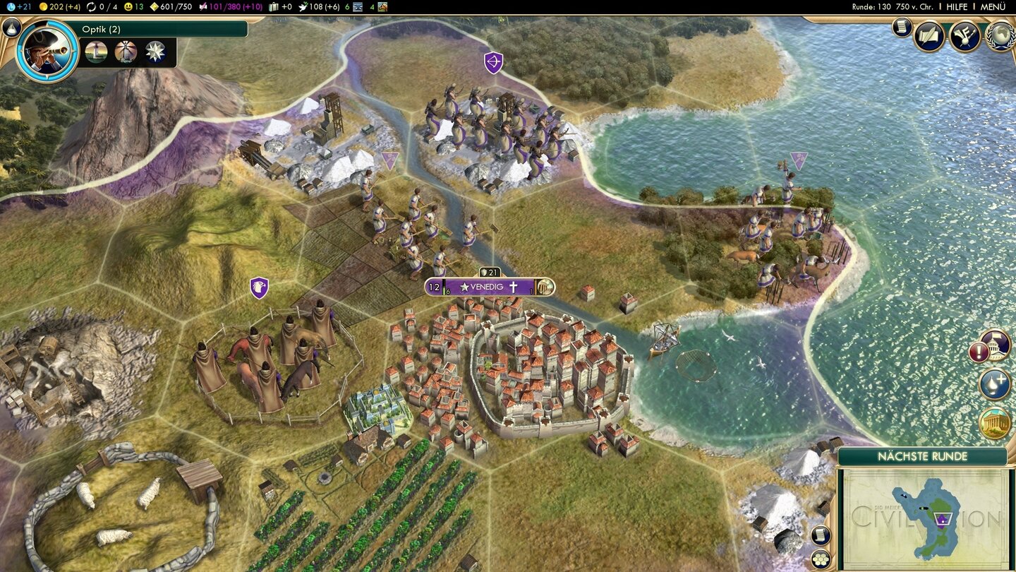 Civilization 5Als Venedig dürfen wir nur eine einzige Stadt selbst gründen. Die soll entsprechend schnell wachsen, also stehen dort die Hängenden Gärten. Das Wunder bringt Extra-Nahrung.