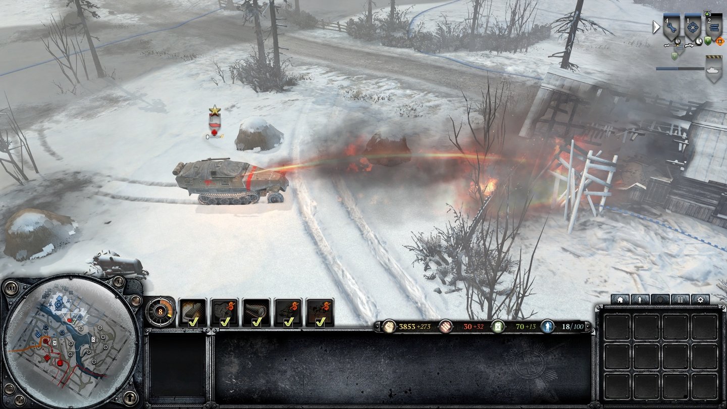Company of Heroes 2Flammenwerfer-Soldaten, -Panzer und -Halbkettenfahrzeuge sind gegen besetzte Gebäude ideal.