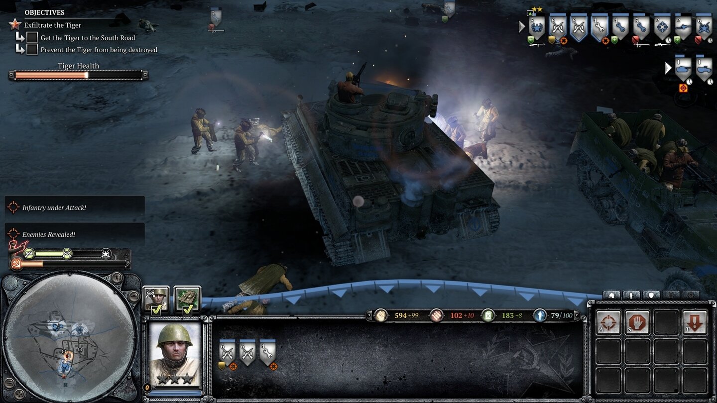 Company of Heroes 2Zahnloser Tiger: Unsere russischen Pioniere flicken den erbeuteten Panzer, um zumindest Motor und Kanone wieder flottzumachen.