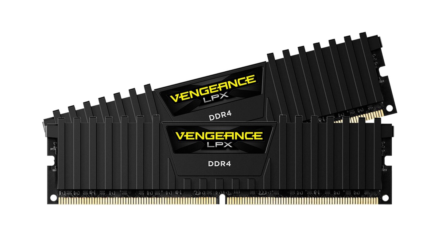 Der 8 GB DDR4-3000 Arbeitsspeicher verteilt sich auf zwei Vengeance LPX Module mit je 4 GB von Corsair. Späteres Aufrüsten klappt durch zwei freie Speichersteckplätze problemlos.