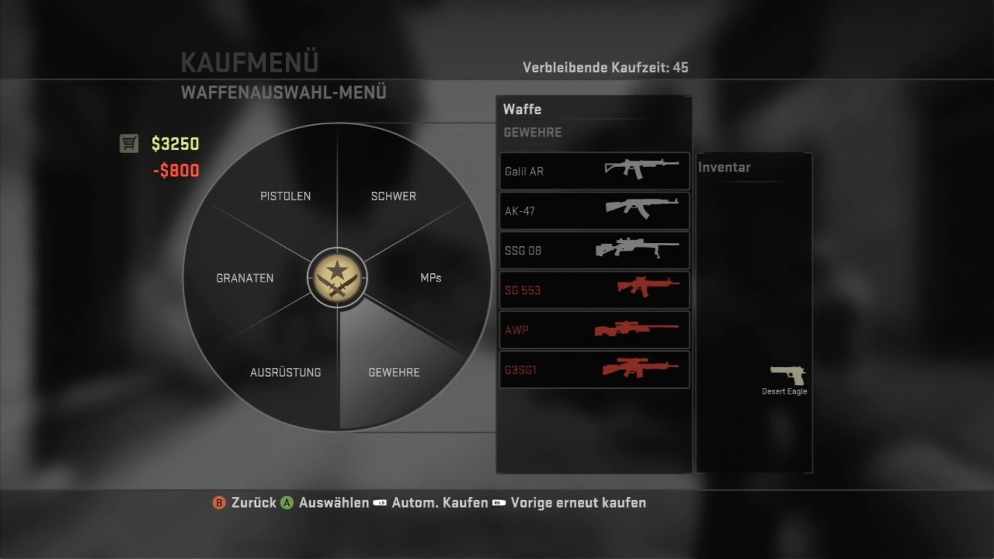 Counter-Strike: Global Offensive (Xbox 360)Das Kaufmenü ist sehr übersichtlich ausgefallen.