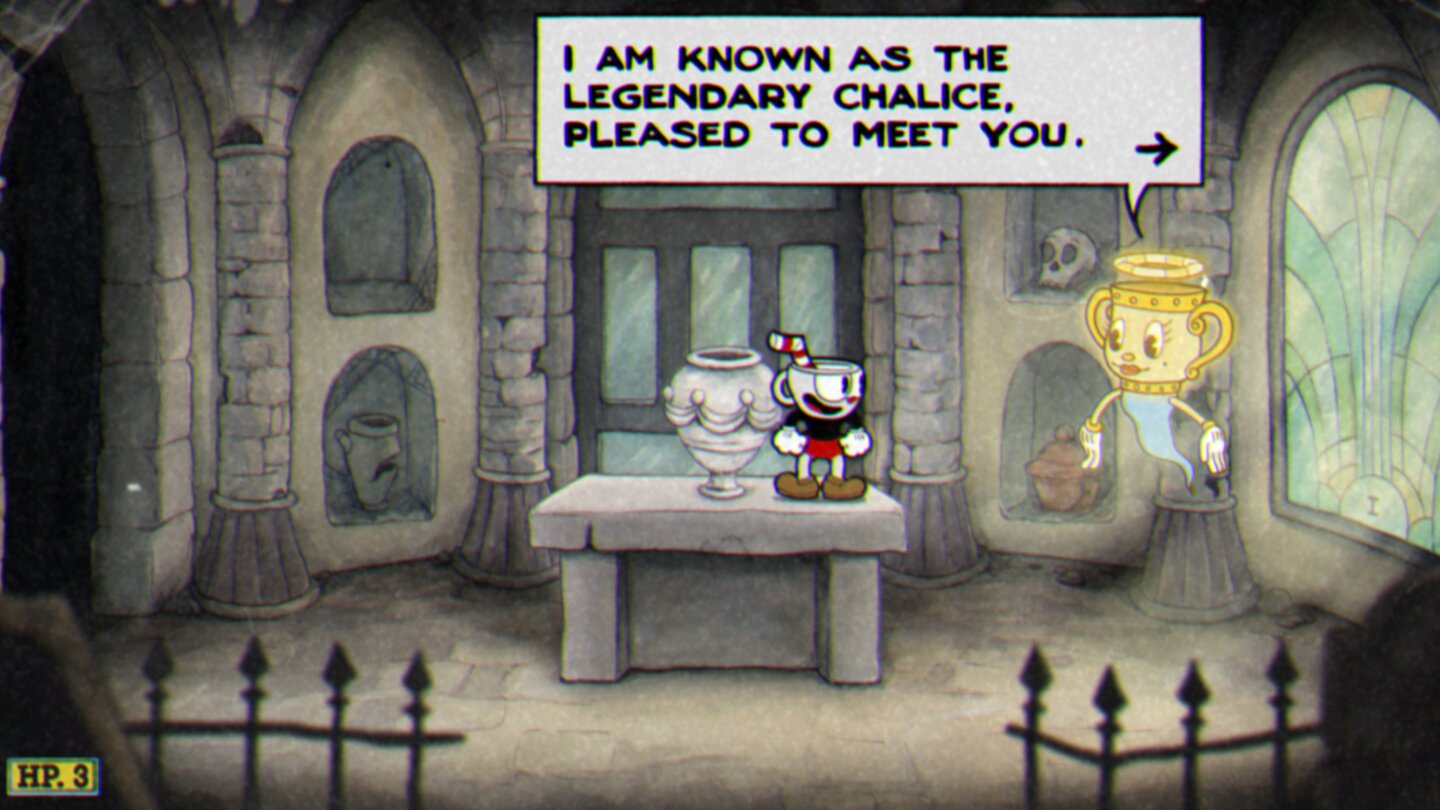 Nicht alles ist fies in Cuphead. Dieser Charakter überreicht uns unseren ersten von insgesamt drei “Super Arts” – extrem mächtige Angriffe, die großen Schaden erteilen.