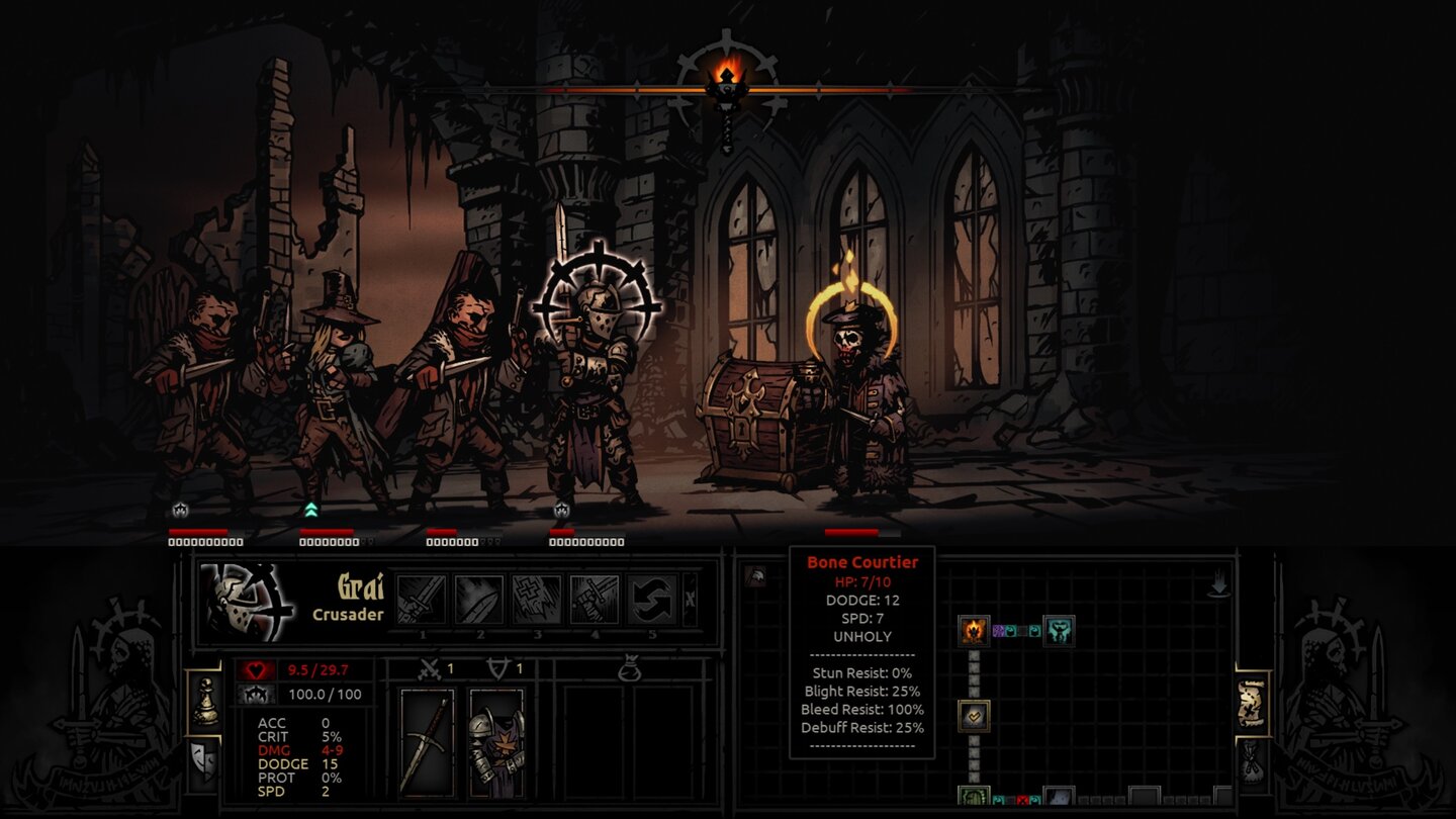 Darkest Dungeon - Early-Access-ScreenshotsNur noch ein Gegner übrig, doch die vorangegangenen Kämpfe haben dem Kreuzritter schon auf die Stimmung geschlagen.