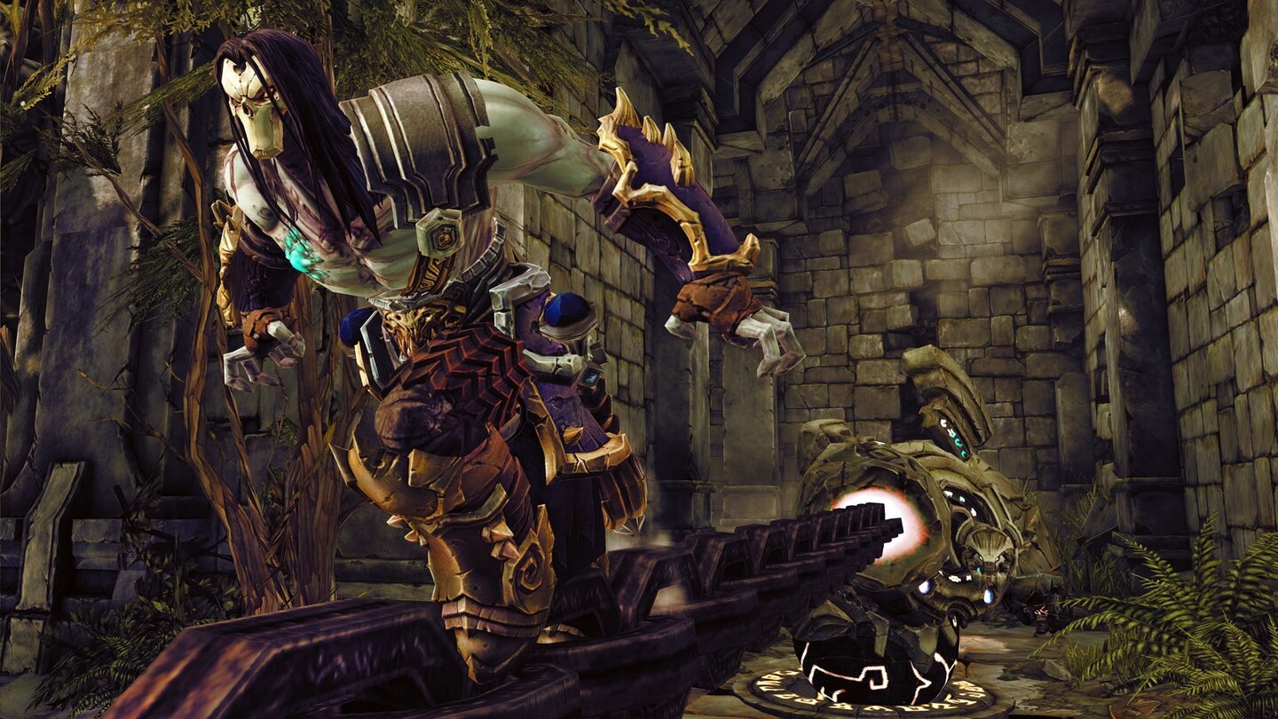 Darksiders 2Mit den Constructs überquert Tod auch Abgründe. Dafür verschießt er eine riesige Kette und läuft dann mühelos über die Hindernisse.