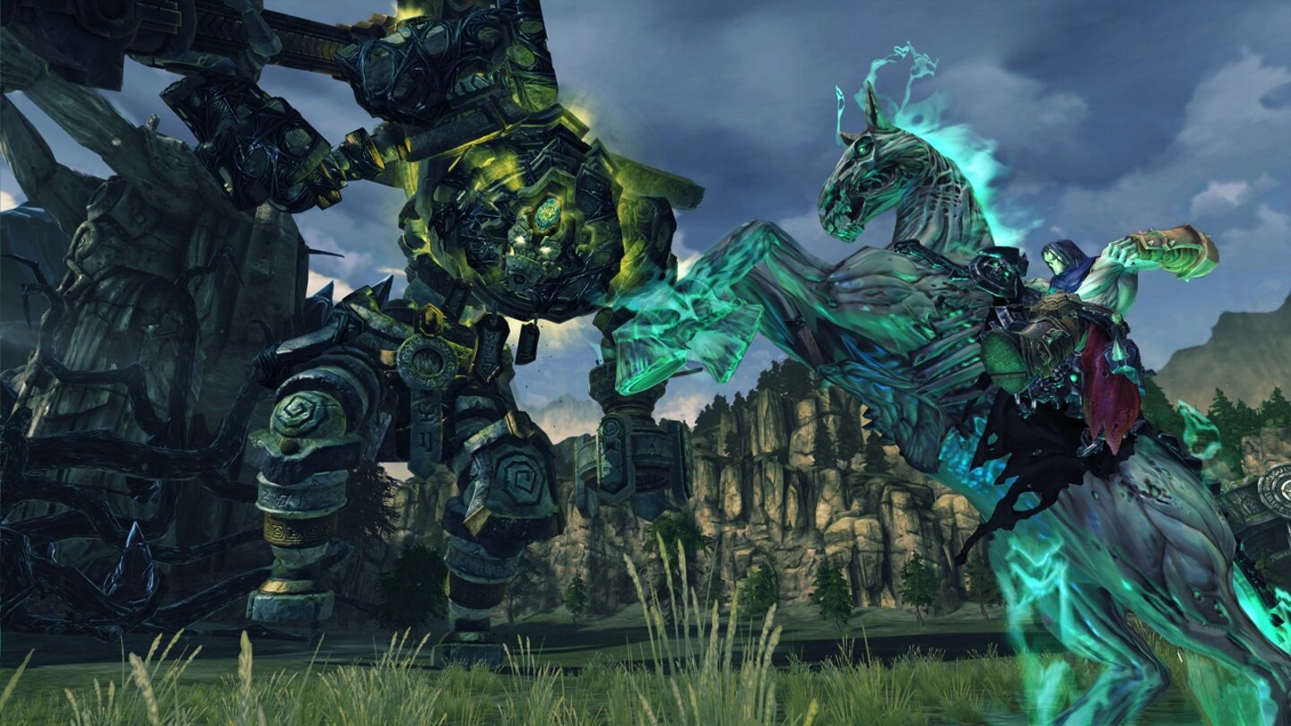 Darksiders 2Den spektakulären Kampf mit dem stählernen Giganten führt Tod vom Rücken seines Pferds Despair.