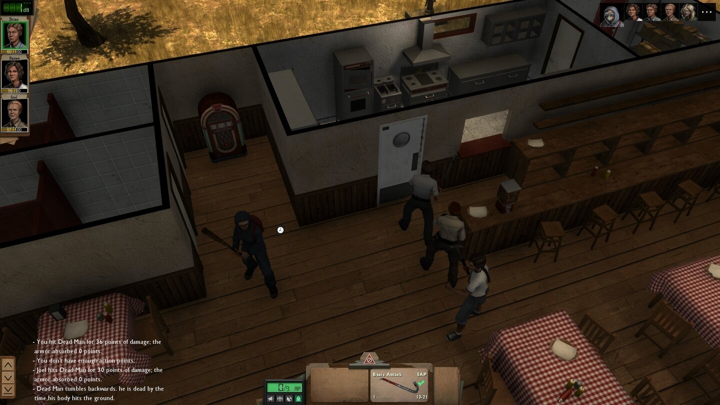 Dead State - Screenshots aus der Early-Access-VersionIm Diner hat sich ein Überlebender verschanzt. Leider gibt es noch keine Möglichkeit, auf wilde Plünderer einzureden. Da hilft nur Gewalt.