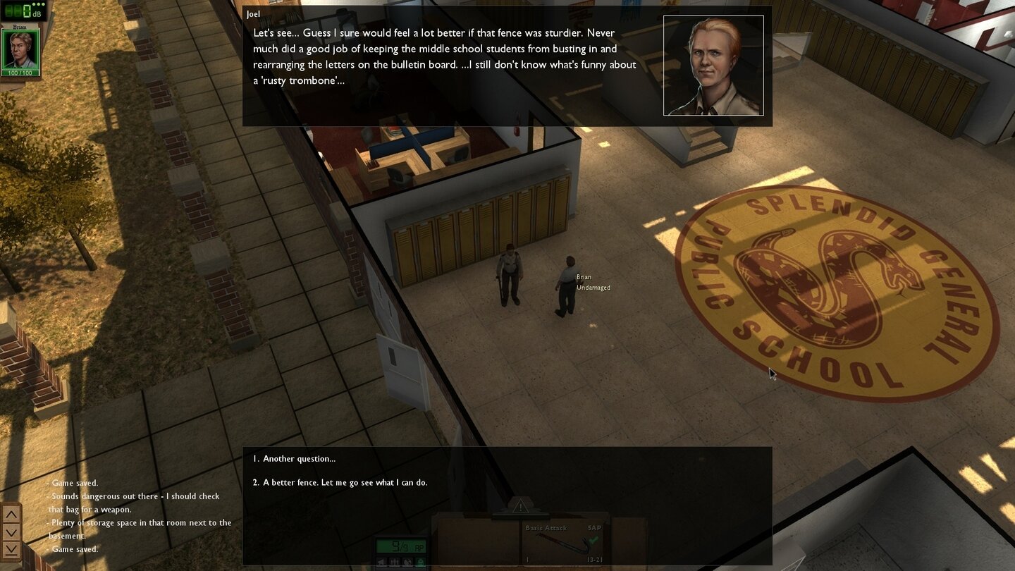 Dead State - Screenshots aus der Early-Access-VersionJeder Überlebende hat seine eigene Hintergrundgeschichte und Vorlieben, die wir in Gesprächen erfragen können.Polizist Joel liebt Schokolade.