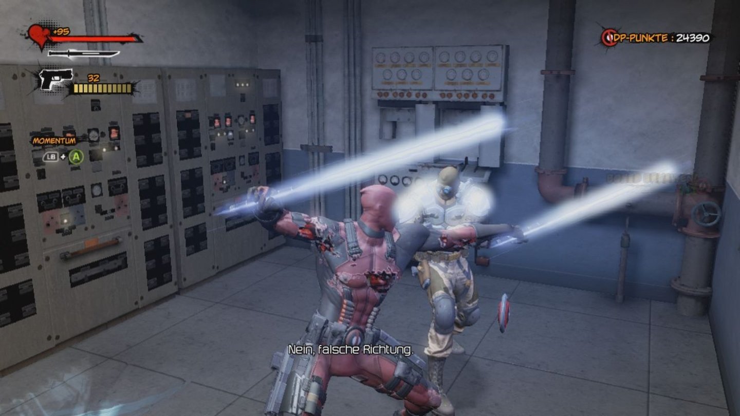 Deadpool (Xbox 360)Für jeden erledigten Gegner gibt es Dp-Punkte, mit denen sich das Waffenarsenal erweitern und verbessern lässt.