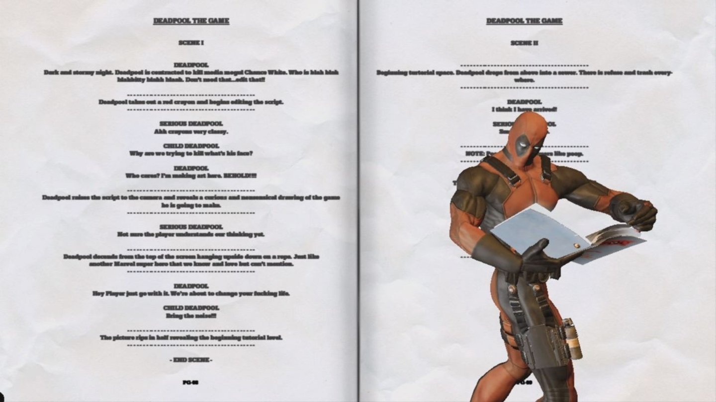 Deadpool (Xbox 360)Die Zwischensequenzen wurden cool gestaltet. Hier liest der Superheld gerade im Skript des Spiels.