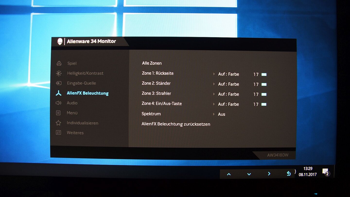 Dell Alienware AW3418DW Menü - ALienFX Beleuchtung