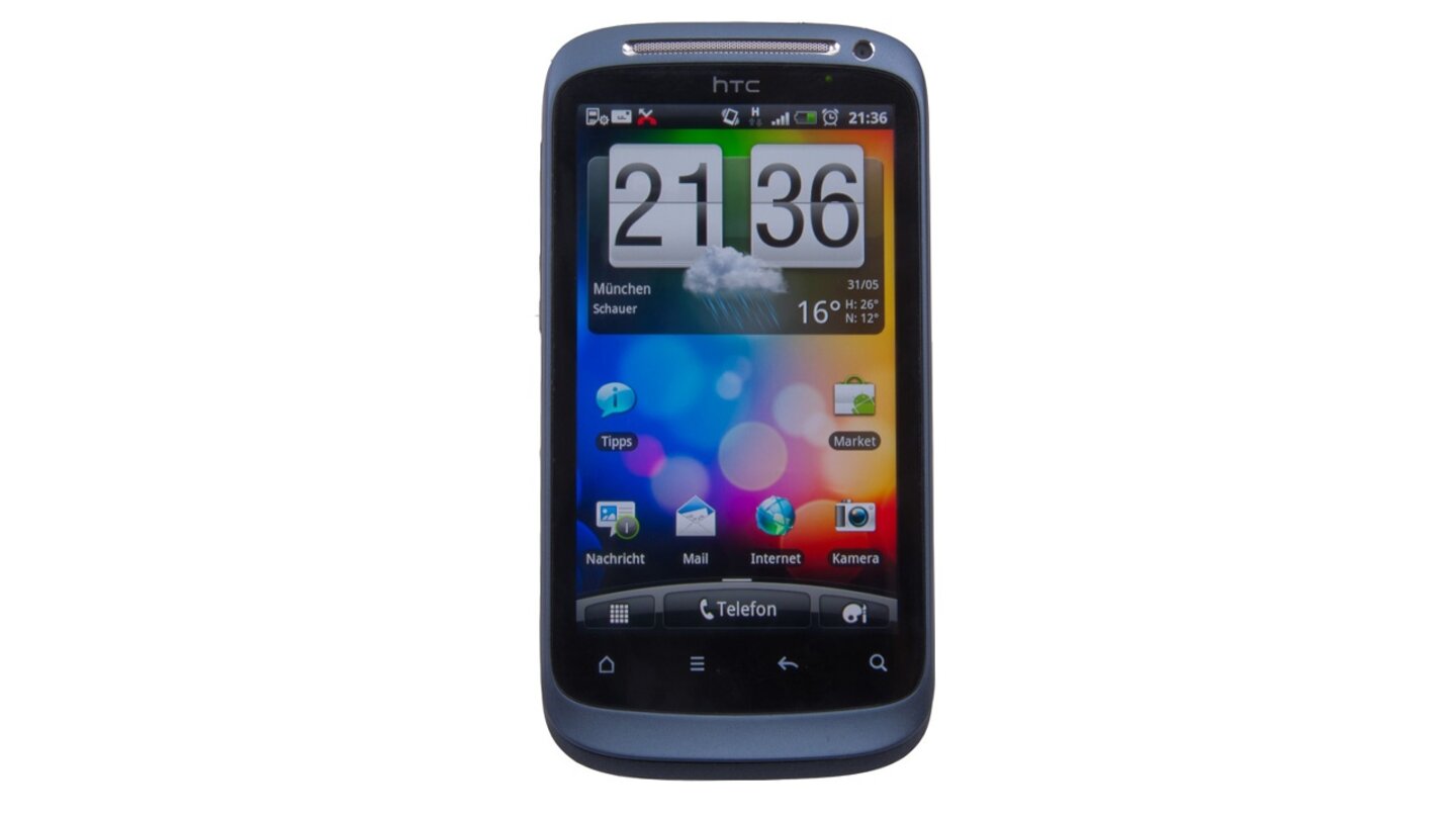 Die Frontseite des Desire S, samt Android mit HTC Sense.