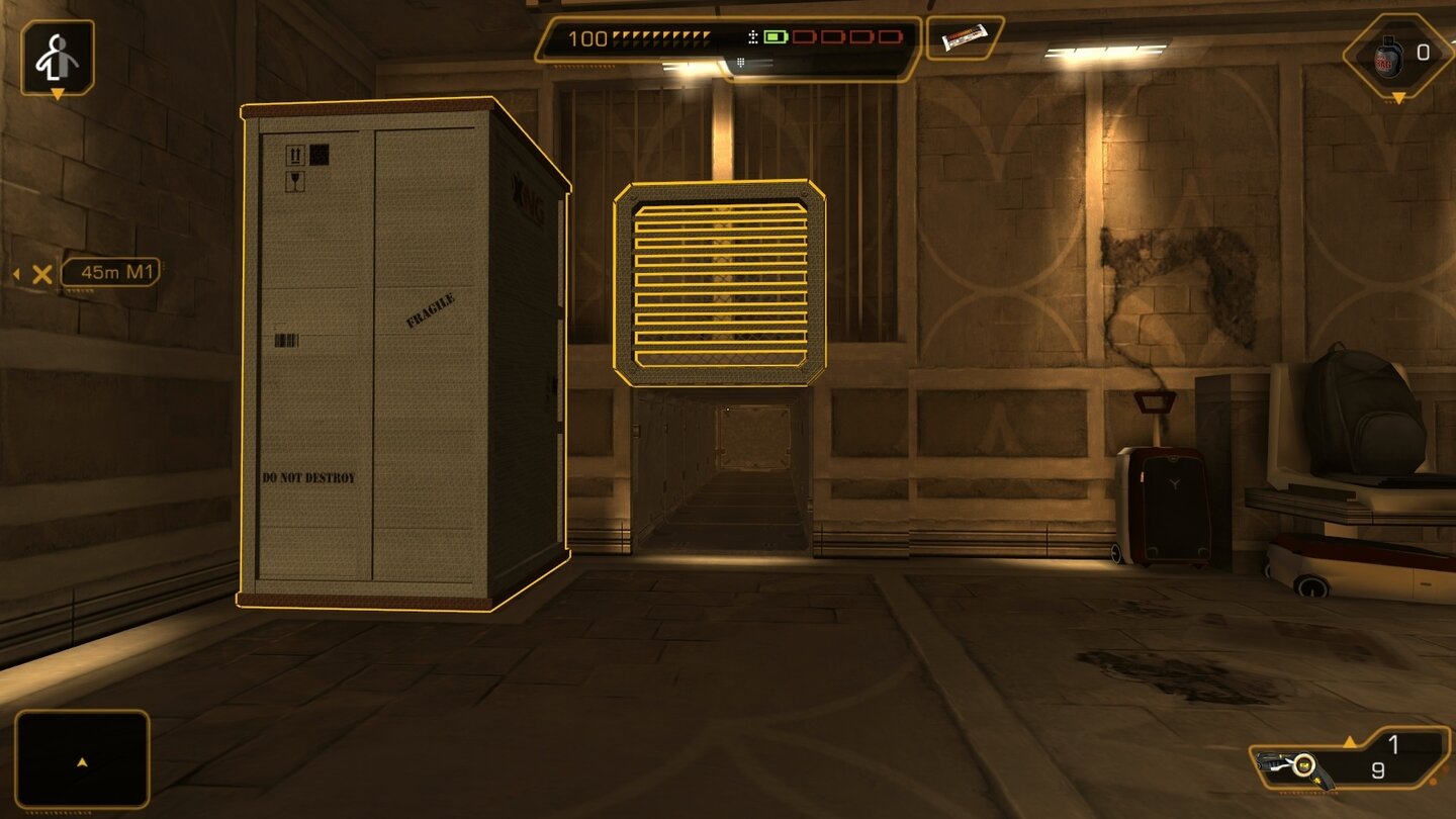 Deus Ex: The FallDas unverwüstliche Duo der Deus Ex-Reihe ist auch wieder mit am Start: Die schwere Kiste und der Lüftungsschacht dahinter.
