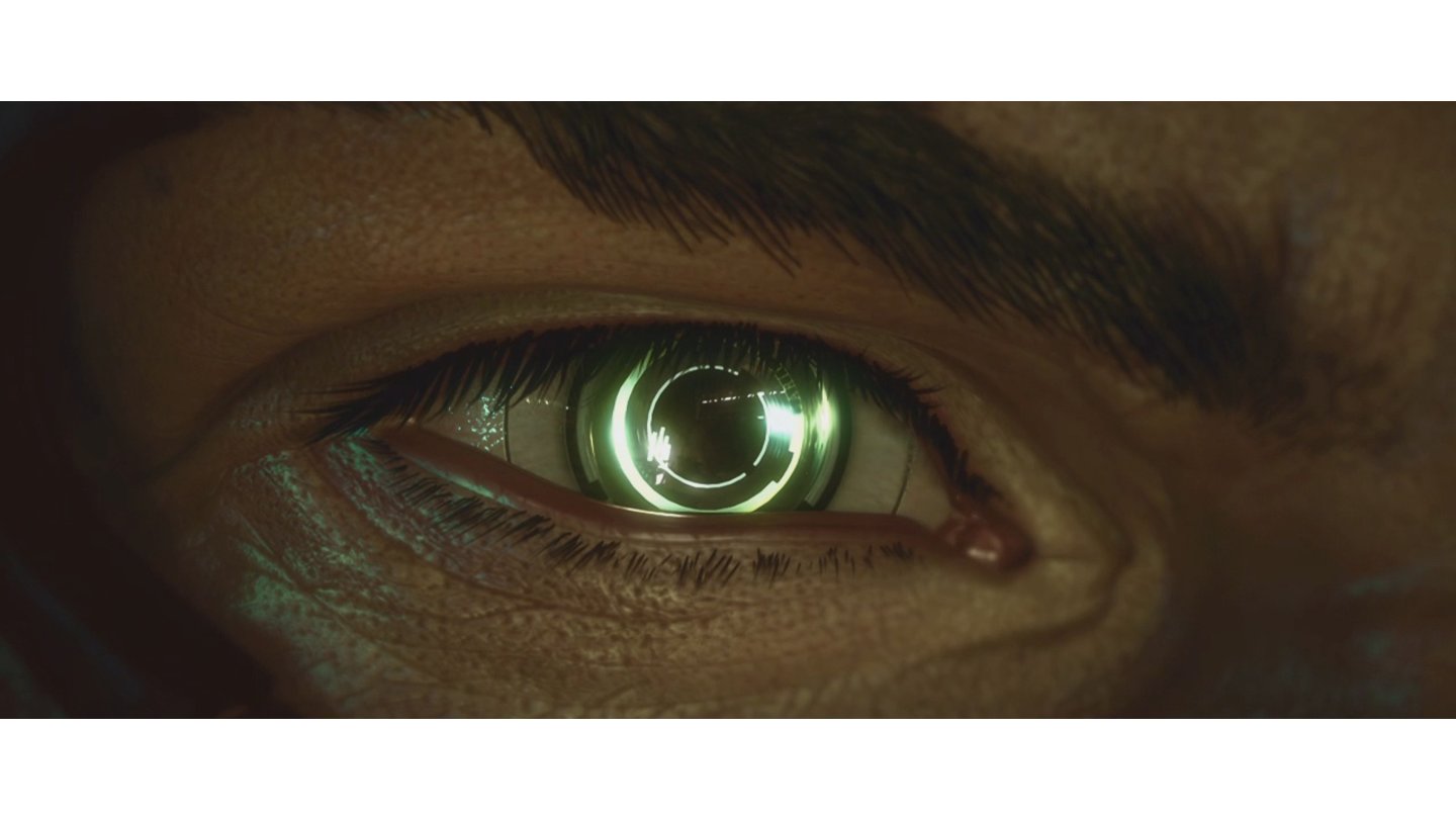 [12] Der Trailer zeigt zahlreiche kybernetische Technologien in Aktion. Hier das erste: Augenimplantate. Die sollen die Voraussetzung für Interface-Anzeigen sein.