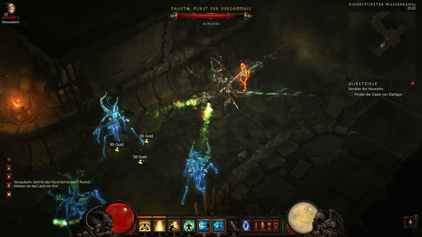 Diablo 3 - Bilder aus der Test-VersionWährend der Mönch den Fürst der Verdammnis aus der direkter Nähe zur Strecke bringt, lässt die begleitende Verzauberin Ihre Kräfte aus sicherer Ferne wirken.